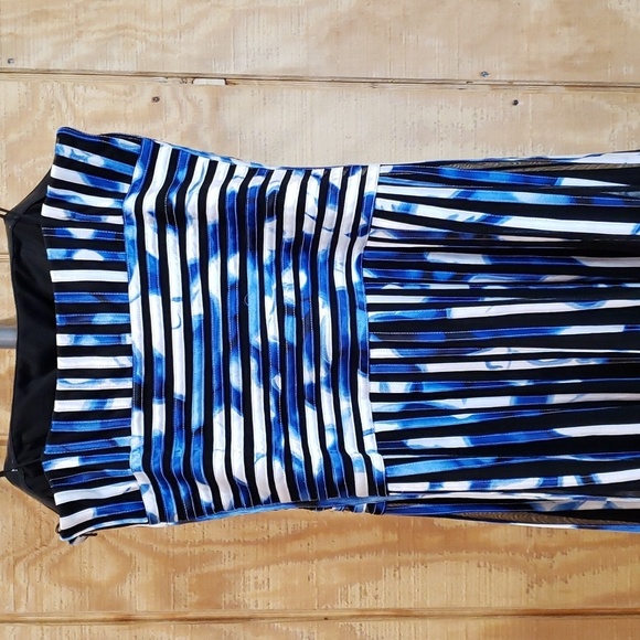 JS Collections Black Blue White Print Ribbon Stripe Sleeveless Dress Size 6 - Picture 8 of 10